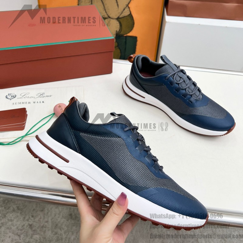 Loro Piana FAM1718-F3DW marineblaue Ledersneaker Loro Piana FAM1718-F3DW marineblaue Sneaker Vorderansicht mit grauen und braunen Details