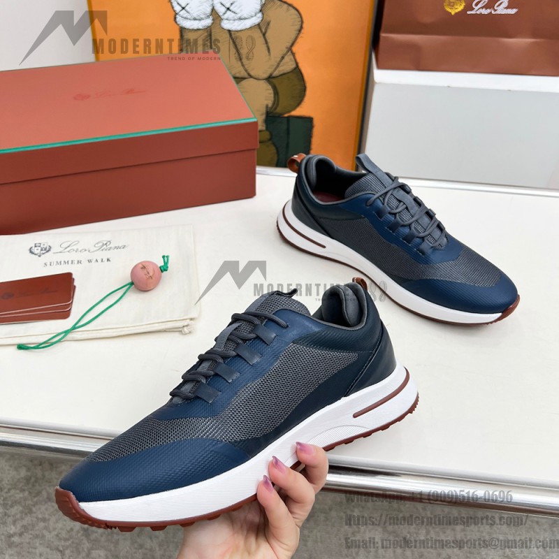 Loro Piana FAM1718-F3DW marineblaue Ledersneaker Loro Piana FAM1718-F3DW marineblaue Sneaker Vorderansicht mit grauen und braunen Details