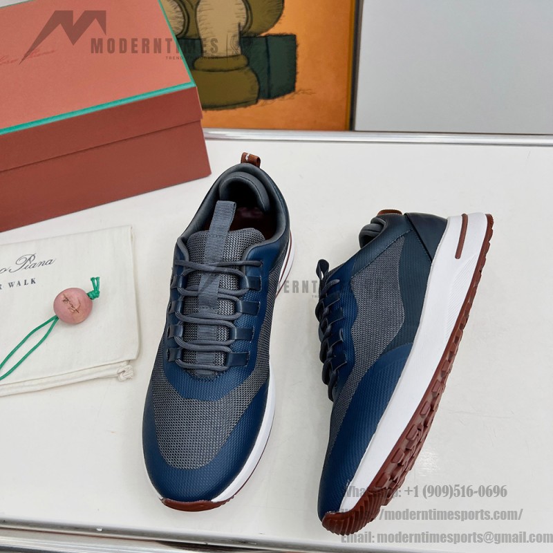 Loro Piana FAM1718-F3DW marineblaue Ledersneaker Loro Piana FAM1718-F3DW marineblaue Sneaker Vorderansicht mit grauen und braunen Details