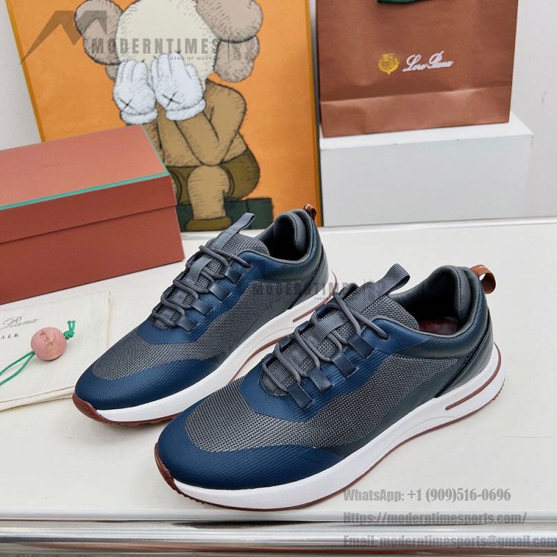 Loro Piana FAM1718-F3DW marineblaue Ledersneaker Loro Piana FAM1718-F3DW marineblaue Sneaker Vorderansicht mit grauen und braunen Details