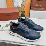 Loro Piana FAM1718-F3DW marineblaue Ledersneaker Loro Piana FAM1718-F3DW marineblaue Sneaker Vorderansicht mit grauen und braunen Details