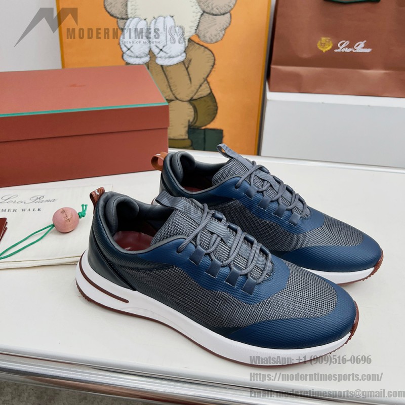 Loro Piana FAM1718-F3DW marineblaue Ledersneaker Loro Piana FAM1718-F3DW marineblaue Sneaker Vorderansicht mit grauen und braunen Details