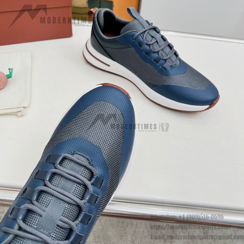 Loro Piana FAM1718-F3DW marineblaue Ledersneaker Loro Piana FAM1718-F3DW marineblaue Sneaker Vorderansicht mit grauen und braunen Details