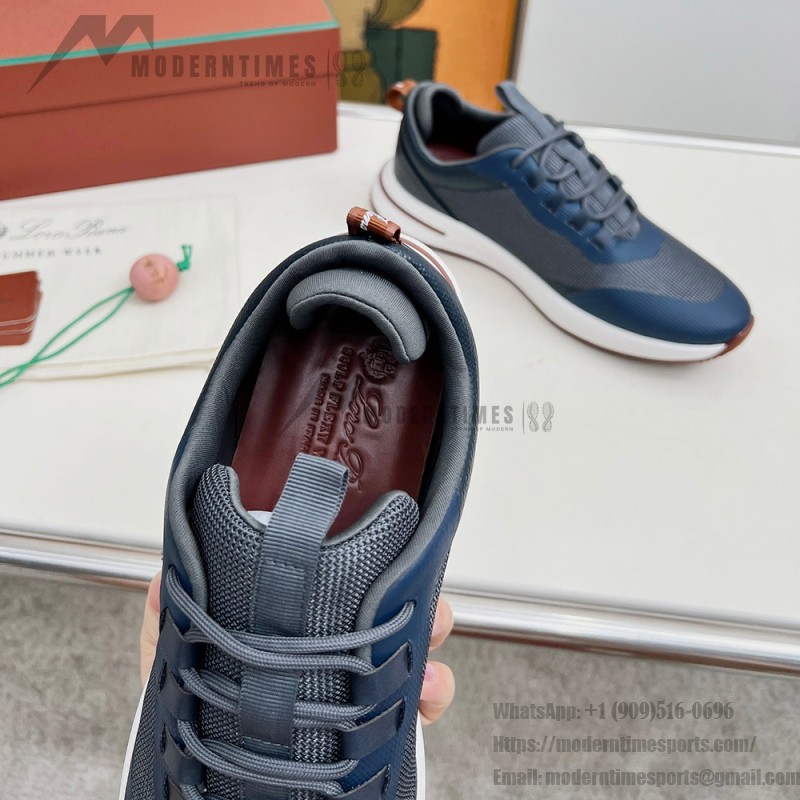 Loro Piana FAM1718-F3DW marineblaue Ledersneaker Loro Piana FAM1718-F3DW marineblaue Sneaker Vorderansicht mit grauen und braunen Details
