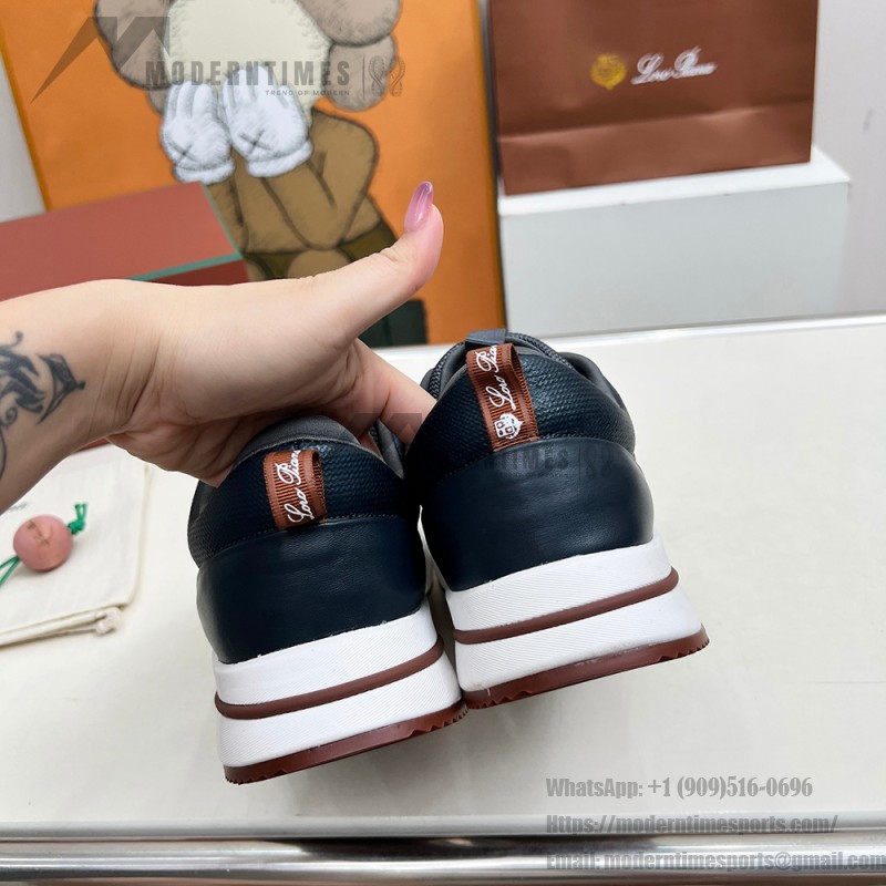 Loro Piana FAM1718-F3DW marineblaue Ledersneaker Loro Piana FAM1718-F3DW marineblaue Sneaker Vorderansicht mit grauen und braunen Details