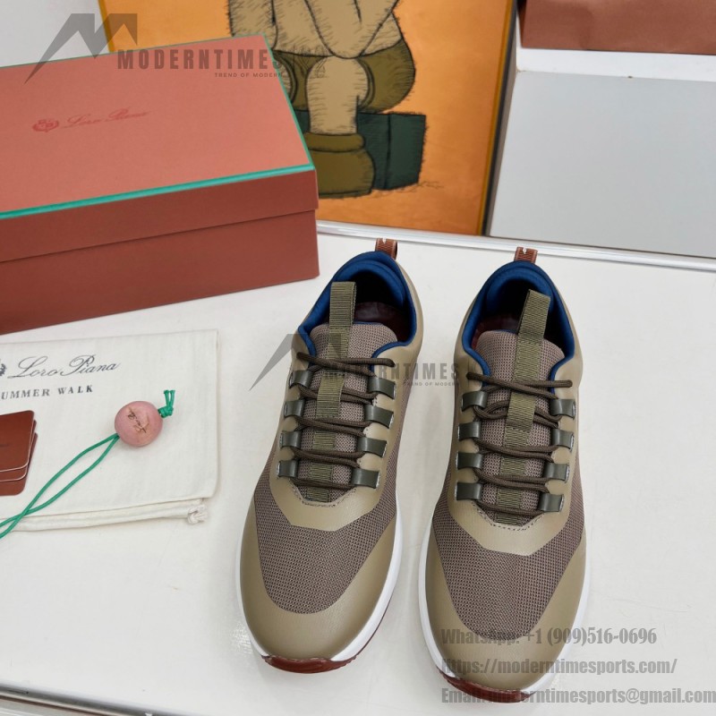 Loro Piana FAM1718-F6T5 olive grüne Ledersneaker Loro Piana FAM1718-F6T5 olive grüne Sneaker Vorderansicht mit braunen Details