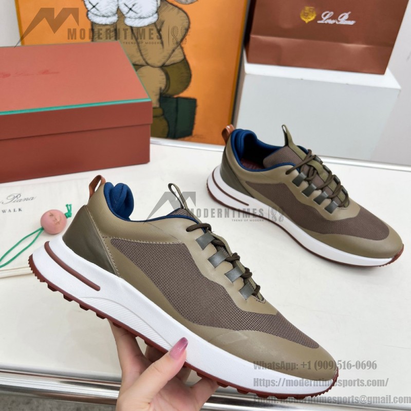 Loro Piana FAM1718-F6T5 olive grüne Ledersneaker Loro Piana FAM1718-F6T5 olive grüne Sneaker Vorderansicht mit braunen Details