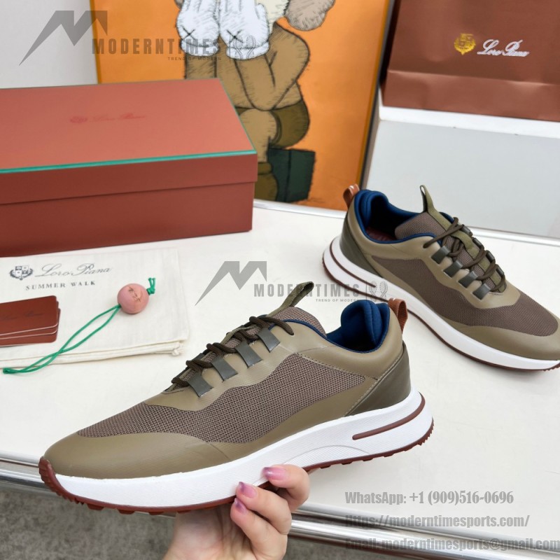 Loro Piana FAM1718-F6T5 olive grüne Ledersneaker Loro Piana FAM1718-F6T5 olive grüne Sneaker Vorderansicht mit braunen Details