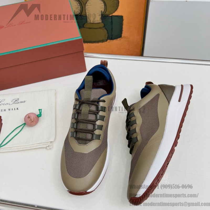 Loro Piana FAM1718-F6T5 olive grüne Ledersneaker Loro Piana FAM1718-F6T5 olive grüne Sneaker Vorderansicht mit braunen Details