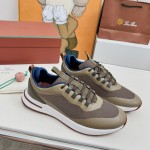 Loro Piana FAM1718-F6T5 olive grüne Ledersneaker Loro Piana FAM1718-F6T5 olive grüne Sneaker Vorderansicht mit braunen Details