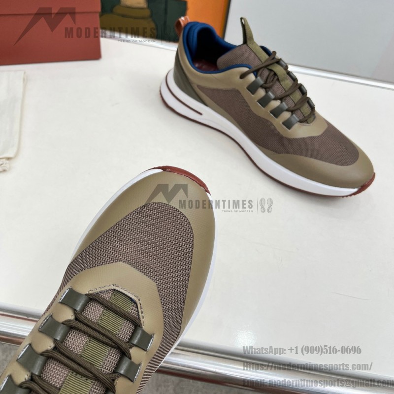 Loro Piana FAM1718-F6T5 olive grüne Ledersneaker Loro Piana FAM1718-F6T5 olive grüne Sneaker Vorderansicht mit braunen Details