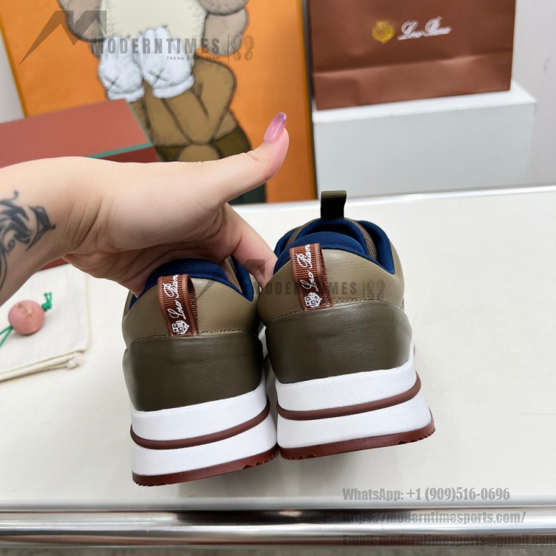 Loro Piana FAM1718-F6T5 olive grüne Ledersneaker Loro Piana FAM1718-F6T5 olive grüne Sneaker Vorderansicht mit braunen Details