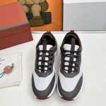Loro Piana FAM1718-F6II Beige Leather Sneakers Loro Piana FAM1718-F6II Beige Sneakers Front View with Brown Detailing