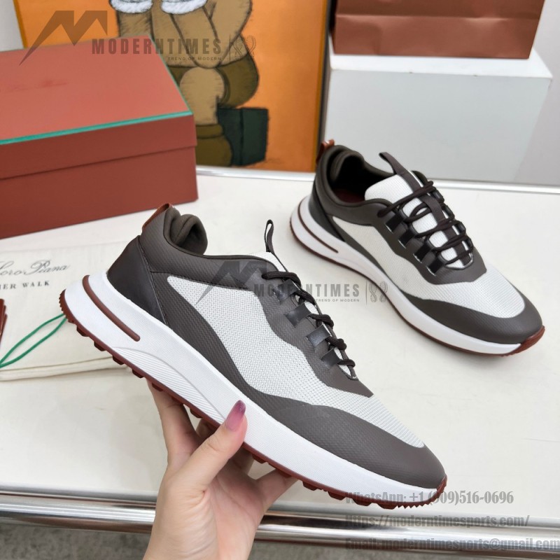Loro Piana FAM1718-F6II Beige Leather Sneakers Loro Piana FAM1718-F6II Beige Sneakers Front View with Brown Detailing