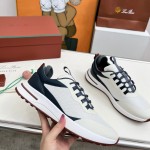 Loro Piana FAM1718-F6II Beige Leather Sneakers Loro Piana FAM1718-F6II Beige Sneakers Front View with Brown Detailing