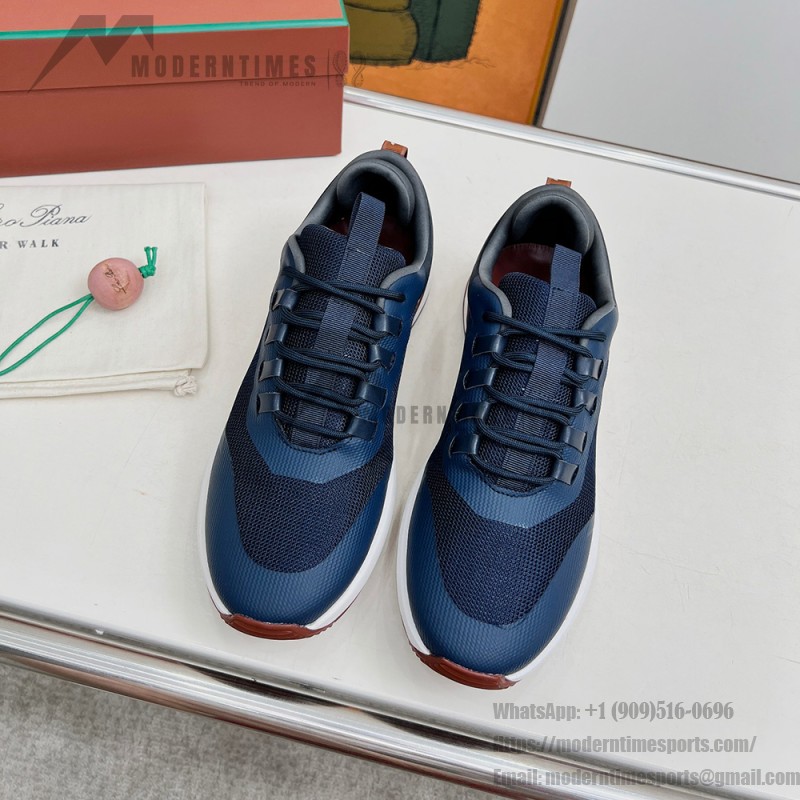 Loro Piana FAM1718-F3DW marineblaue Ledersneaker Loro Piana FAM1718-F3DW marineblaue Sneaker Vorderansicht mit grauen und braunen Details