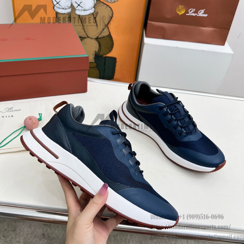 Loro Piana FAM1718-F3DW marineblaue Ledersneaker Loro Piana FAM1718-F3DW marineblaue Sneaker Vorderansicht mit grauen und braunen Details