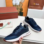 Loro Piana FAM1718-F3DW marineblaue Ledersneaker Loro Piana FAM1718-F3DW marineblaue Sneaker Vorderansicht mit grauen und braunen Details
