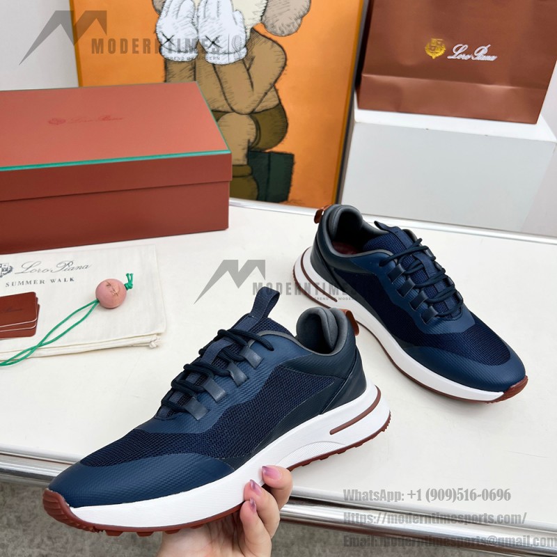 Loro Piana FAM1718-F3DW marineblaue Ledersneaker Loro Piana FAM1718-F3DW marineblaue Sneaker Vorderansicht mit grauen und braunen Details