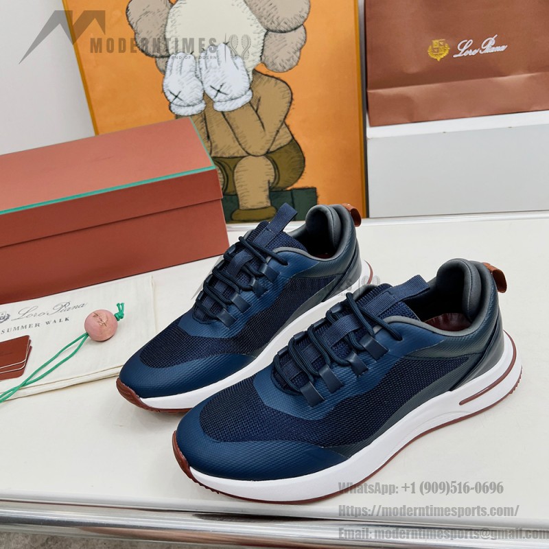 Loro Piana FAM1718-F3DW marineblaue Ledersneaker Loro Piana FAM1718-F3DW marineblaue Sneaker Vorderansicht mit grauen und braunen Details