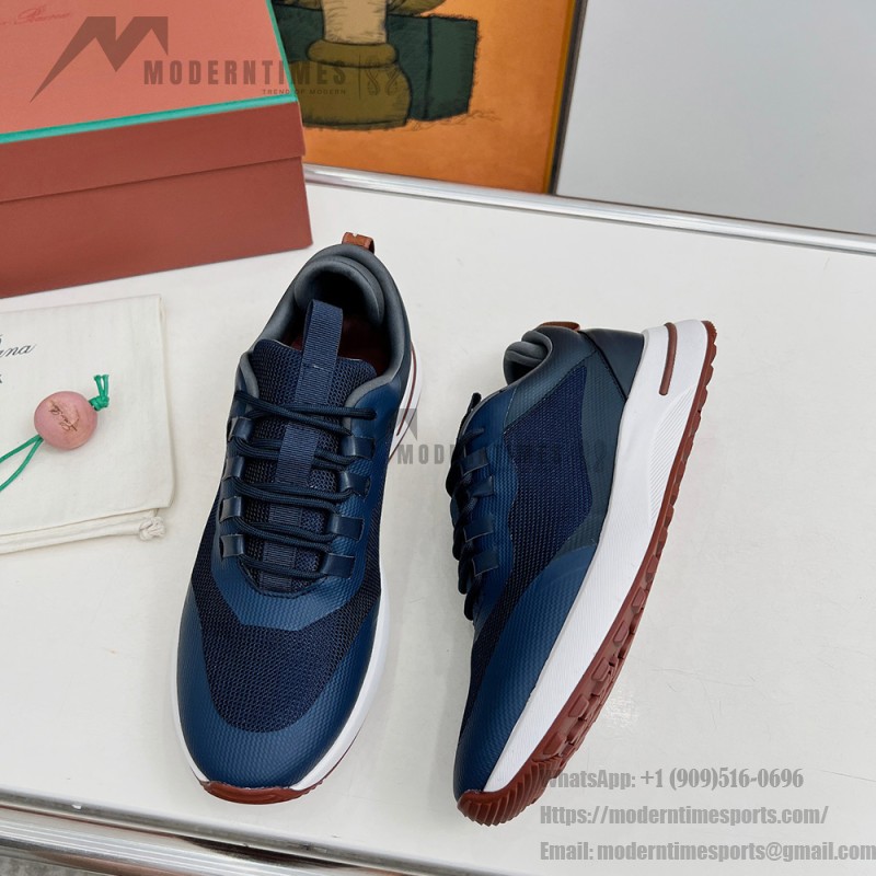 Loro Piana FAM1718-F3DW marineblaue Ledersneaker Loro Piana FAM1718-F3DW marineblaue Sneaker Vorderansicht mit grauen und braunen Details
