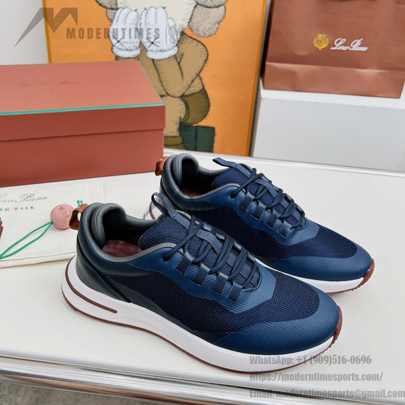 Loro Piana FAM1718-F3DW marineblaue Ledersneaker Loro Piana FAM1718-F3DW marineblaue Sneaker Vorderansicht mit grauen und braunen Details