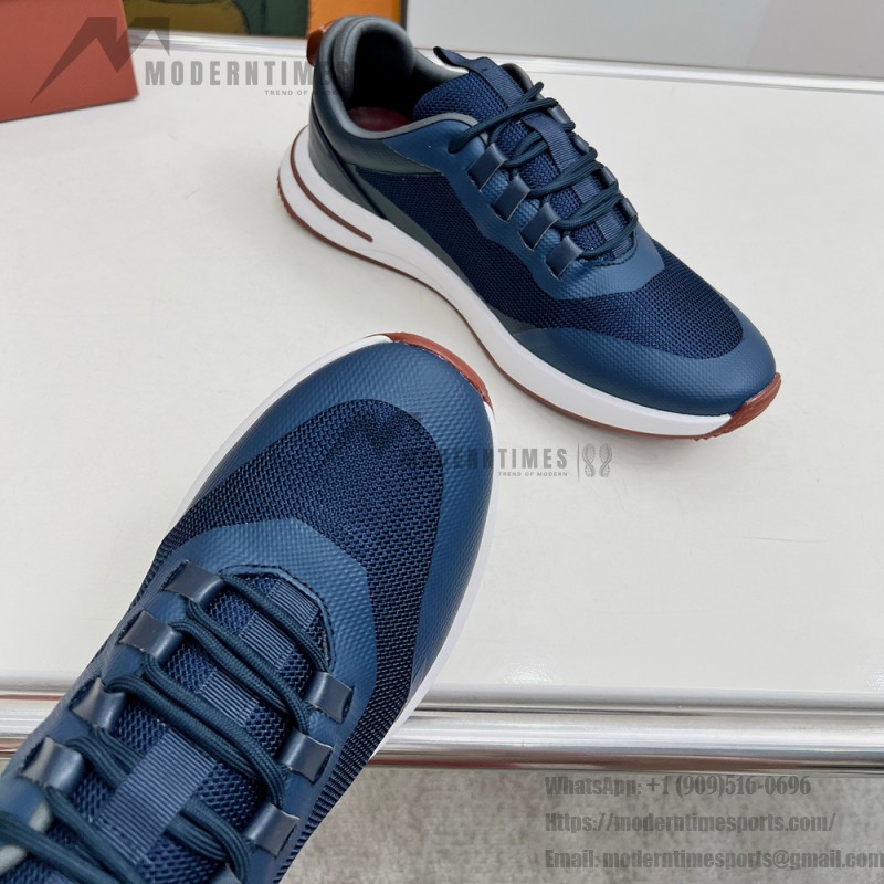 Loro Piana FAM1718-F3DW marineblaue Ledersneaker Loro Piana FAM1718-F3DW marineblaue Sneaker Vorderansicht mit grauen und braunen Details
