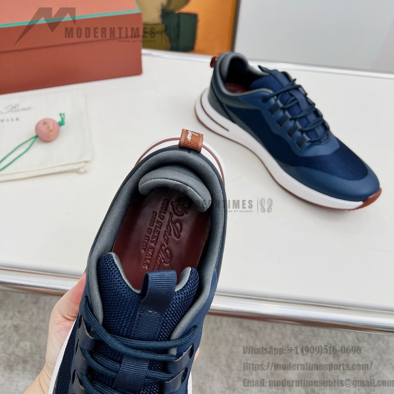 Loro Piana FAM1718-F3DW marineblaue Ledersneaker Loro Piana FAM1718-F3DW marineblaue Sneaker Vorderansicht mit grauen und braunen Details