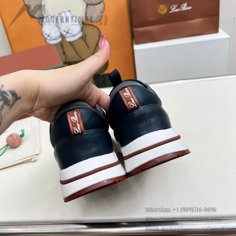 Loro Piana FAM1718-F3DW marineblaue Ledersneaker Loro Piana FAM1718-F3DW marineblaue Sneaker Vorderansicht mit grauen und braunen Details