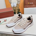 Loro Piana FAM1718-F6II Beige Leather Sneakers Loro Piana FAM1718-F6II Beige Sneakers Front View with Brown Detailing