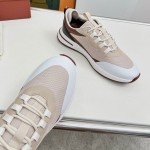 Loro Piana FAM1718-F6II Beige Leather Sneakers Loro Piana FAM1718-F6II Beige Sneakers Front View with Brown Detailing