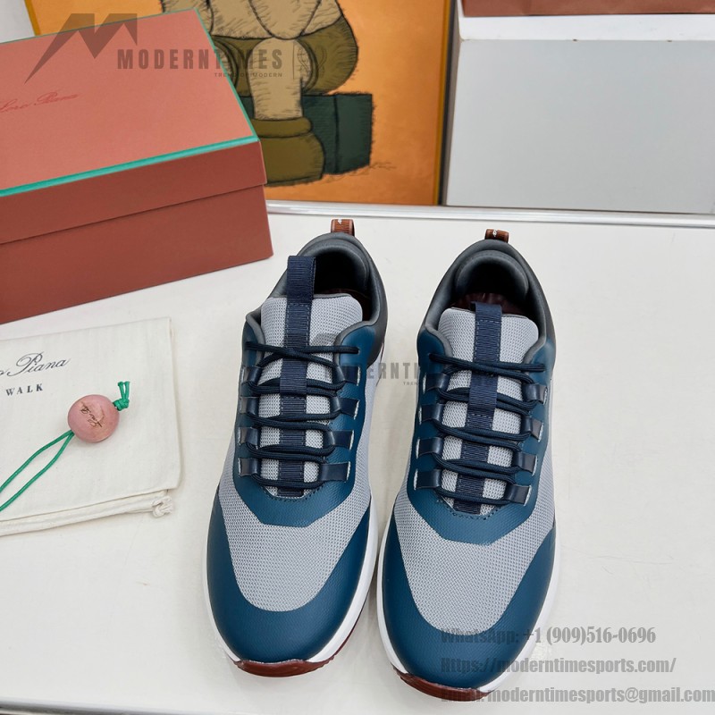 Loro Piana FAM1718-F3DW marineblaue Ledersneaker Loro Piana FAM1718-F3DW marineblaue Sneaker Vorderansicht mit grauen und braunen Details