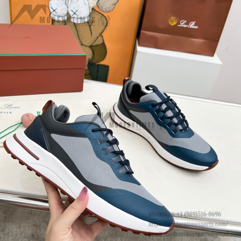 Loro Piana FAM1718-F3DW marineblaue Ledersneaker Loro Piana FAM1718-F3DW marineblaue Sneaker Vorderansicht mit grauen und braunen Details