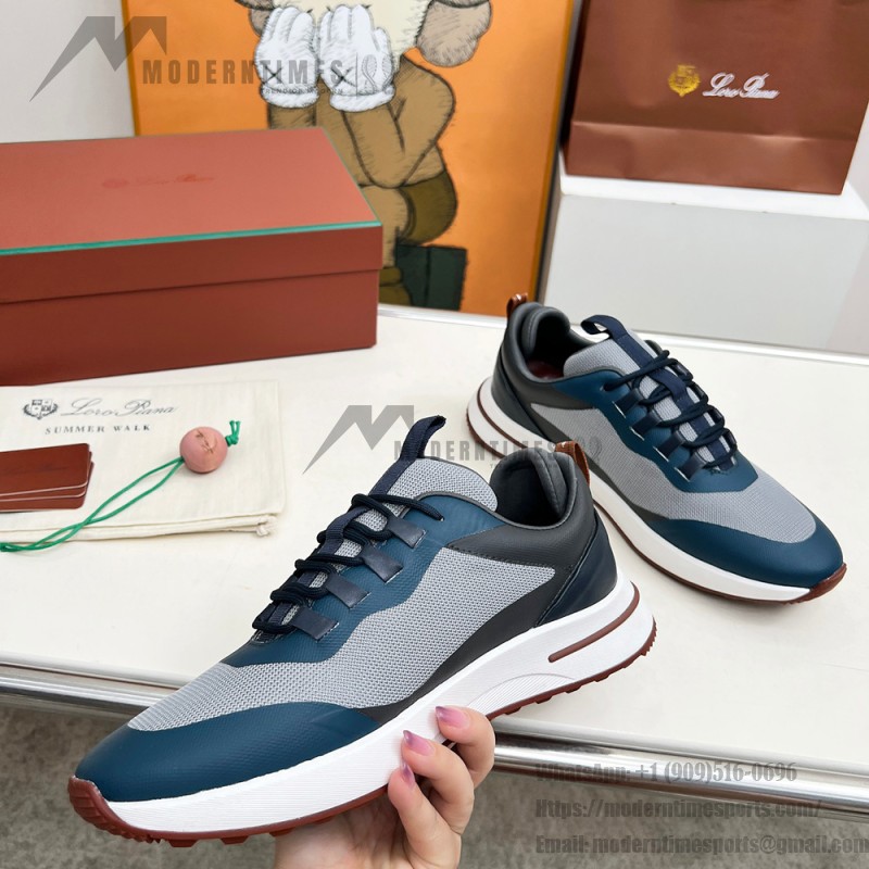 Loro Piana FAM1718-F3DW marineblaue Ledersneaker Loro Piana FAM1718-F3DW marineblaue Sneaker Vorderansicht mit grauen und braunen Details
