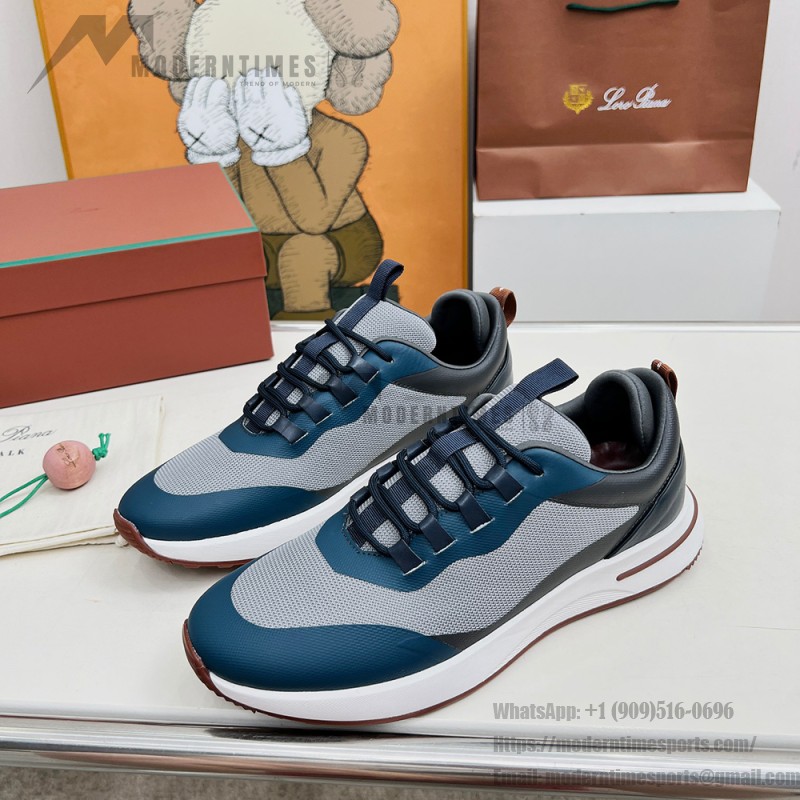 Loro Piana FAM1718-F3DW marineblaue Ledersneaker Loro Piana FAM1718-F3DW marineblaue Sneaker Vorderansicht mit grauen und braunen Details