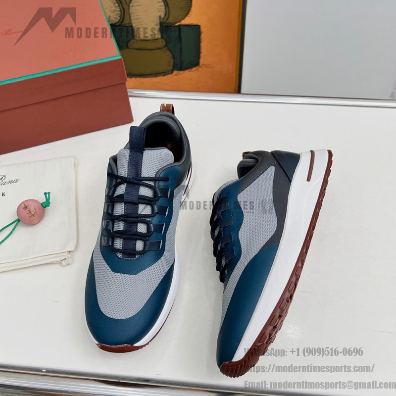 Loro Piana FAM1718-F3DW marineblaue Ledersneaker Loro Piana FAM1718-F3DW marineblaue Sneaker Vorderansicht mit grauen und braunen Details