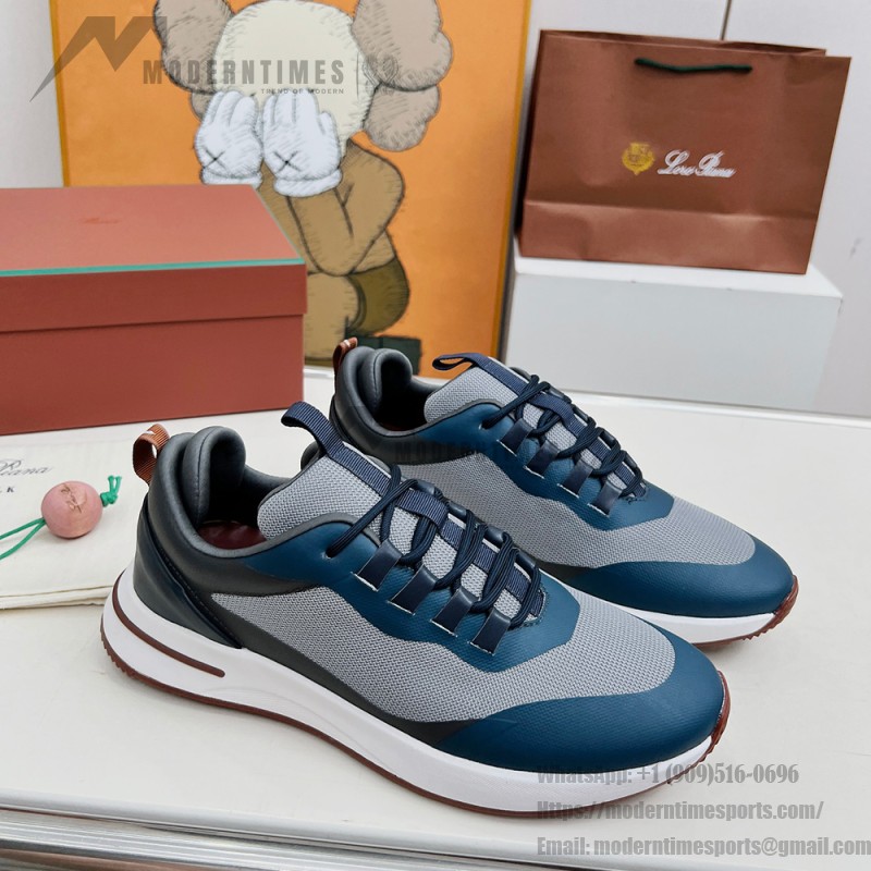 Loro Piana FAM1718-F3DW marineblaue Ledersneaker Loro Piana FAM1718-F3DW marineblaue Sneaker Vorderansicht mit grauen und braunen Details