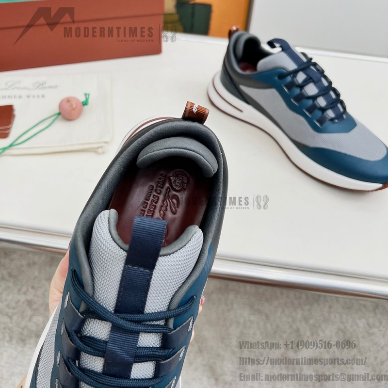 Loro Piana FAM1718-F3DW marineblaue Ledersneaker Loro Piana FAM1718-F3DW marineblaue Sneaker Vorderansicht mit grauen und braunen Details