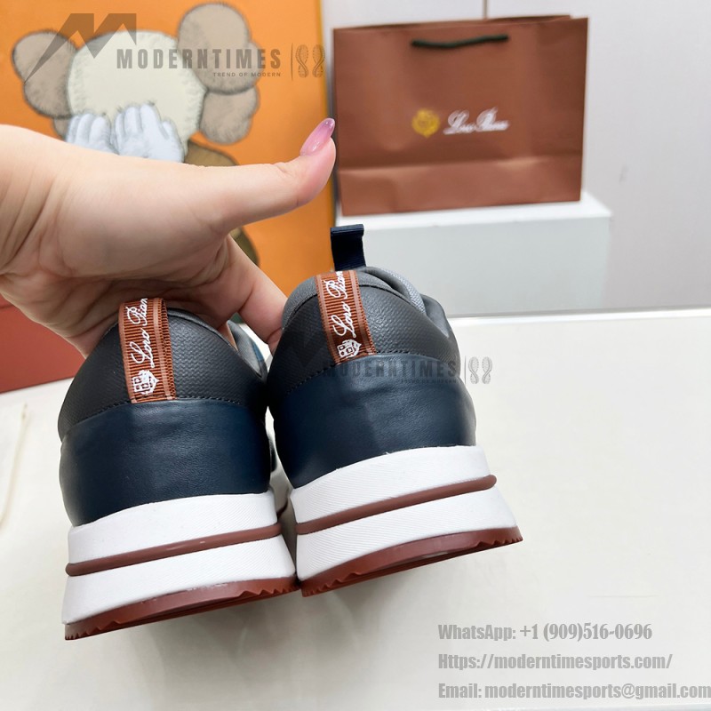 Loro Piana FAM1718-F3DW marineblaue Ledersneaker Loro Piana FAM1718-F3DW marineblaue Sneaker Vorderansicht mit grauen und braunen Details