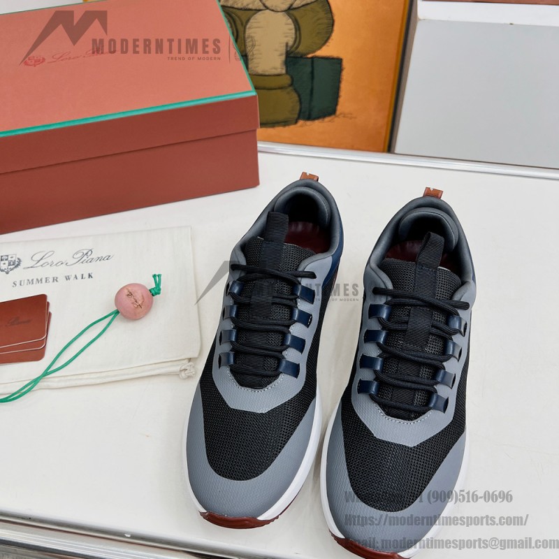 Loro Piana FAM1718-8000 Black Leather Sneakers Loro Piana FAM1718-8000 Black Sneakers Front View with White and Brown Detailing