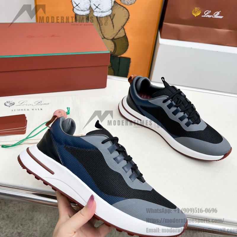Loro Piana FAM1718-8000 Black Leather Sneakers Loro Piana FAM1718-8000 Black Sneakers Front View with White and Brown Detailing