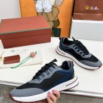 Loro Piana FAM1718-8000 Black Leather Sneakers Loro Piana FAM1718-8000 Black Sneakers Front View with White and Brown Detailing