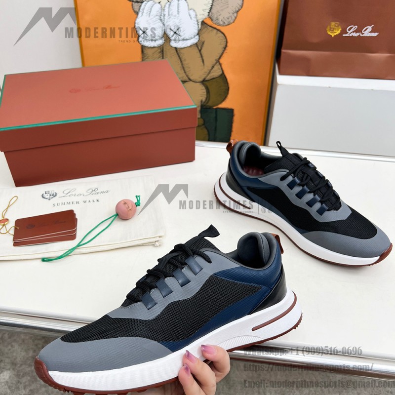Loro Piana FAM1718-8000 Black Leather Sneakers Loro Piana FAM1718-8000 Black Sneakers Front View with White and Brown Detailing
