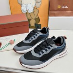 Loro Piana FAM1718-8000 Black Leather Sneakers Loro Piana FAM1718-8000 Black Sneakers Front View with White and Brown Detailing