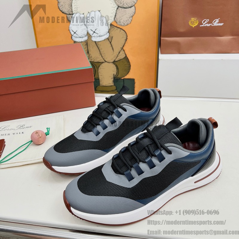 Loro Piana FAM1718-8000 Black Leather Sneakers Loro Piana FAM1718-8000 Black Sneakers Front View with White and Brown Detailing