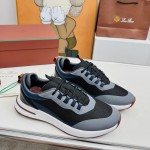 Loro Piana FAM1718-8000 Black Leather Sneakers Loro Piana FAM1718-8000 Black Sneakers Front View with White and Brown Detailing