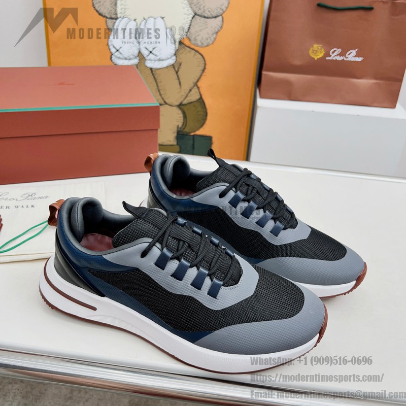 Loro Piana FAM1718-8000 Black Leather Sneakers Loro Piana FAM1718-8000 Black Sneakers Front View with White and Brown Detailing