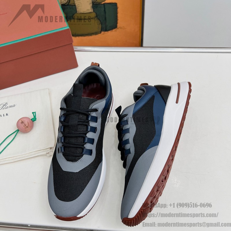 Loro Piana FAM1718-8000 Black Leather Sneakers Loro Piana FAM1718-8000 Black Sneakers Front View with White and Brown Detailing