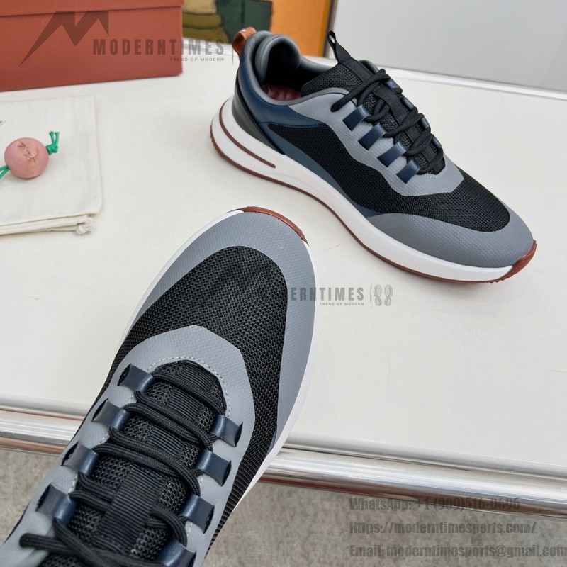 Loro Piana FAM1718-8000 Black Leather Sneakers Loro Piana FAM1718-8000 Black Sneakers Front View with White and Brown Detailing