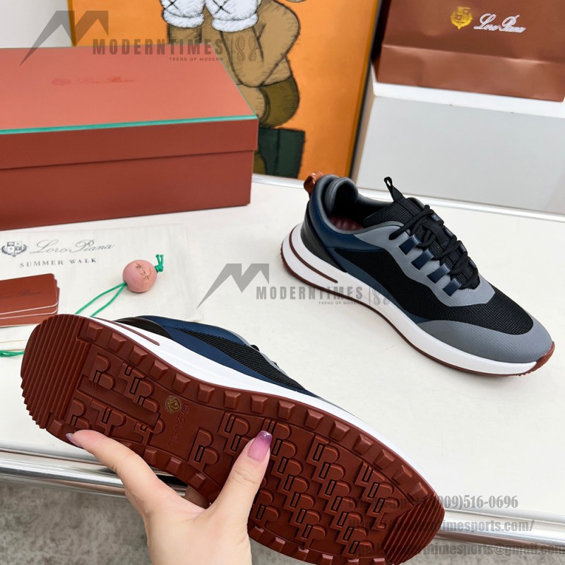 Loro Piana FAM1718-8000 Black Leather Sneakers Loro Piana FAM1718-8000 Black Sneakers Front View with White and Brown Detailing